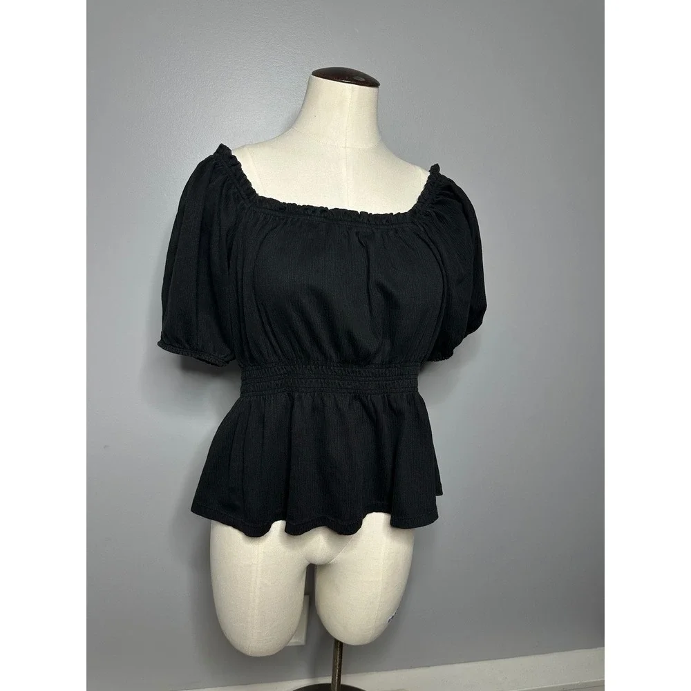 Old Navy Womens Black Smocked Peplum Top Puff Sleeve Square Neck Gauze Large